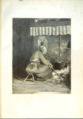 Original Old Antique Print Fashioned Hearth Normandy Woman Poking Fire Pot