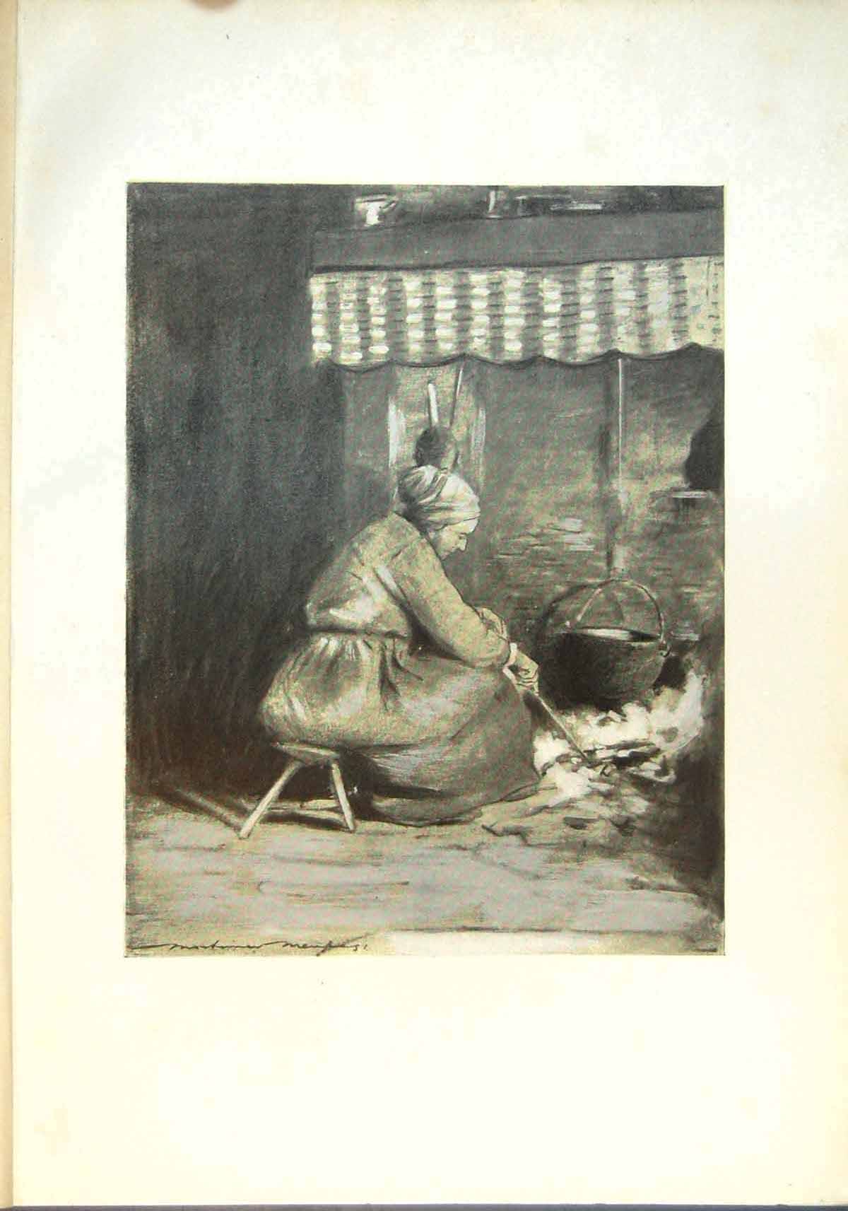 Original Old Antique Print Fashioned Hearth Normandy Woman Poking Fire Pot