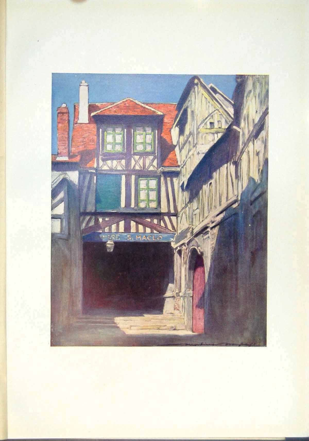 Original Old Antique Print Rouen Normandy House Garage