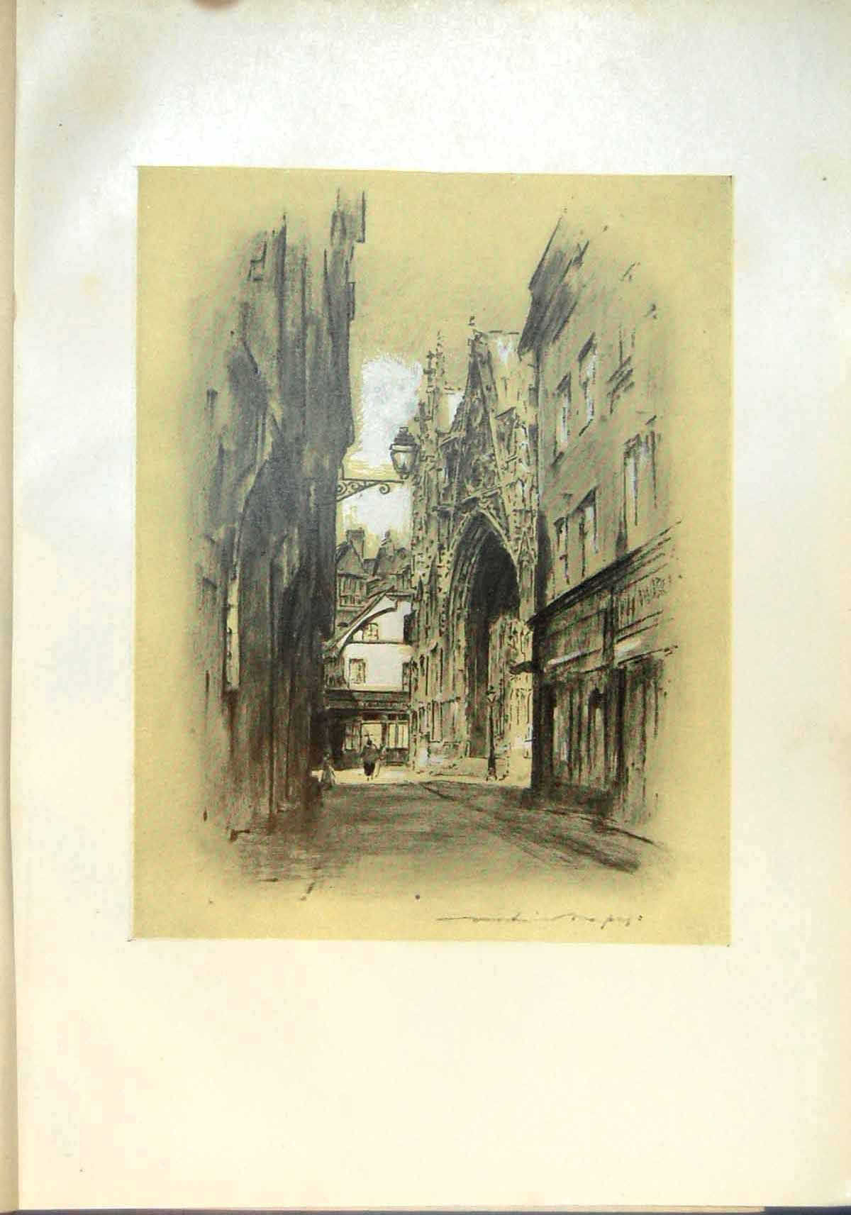 Original Old Antique Print Cathedral Lillebonne Normandy