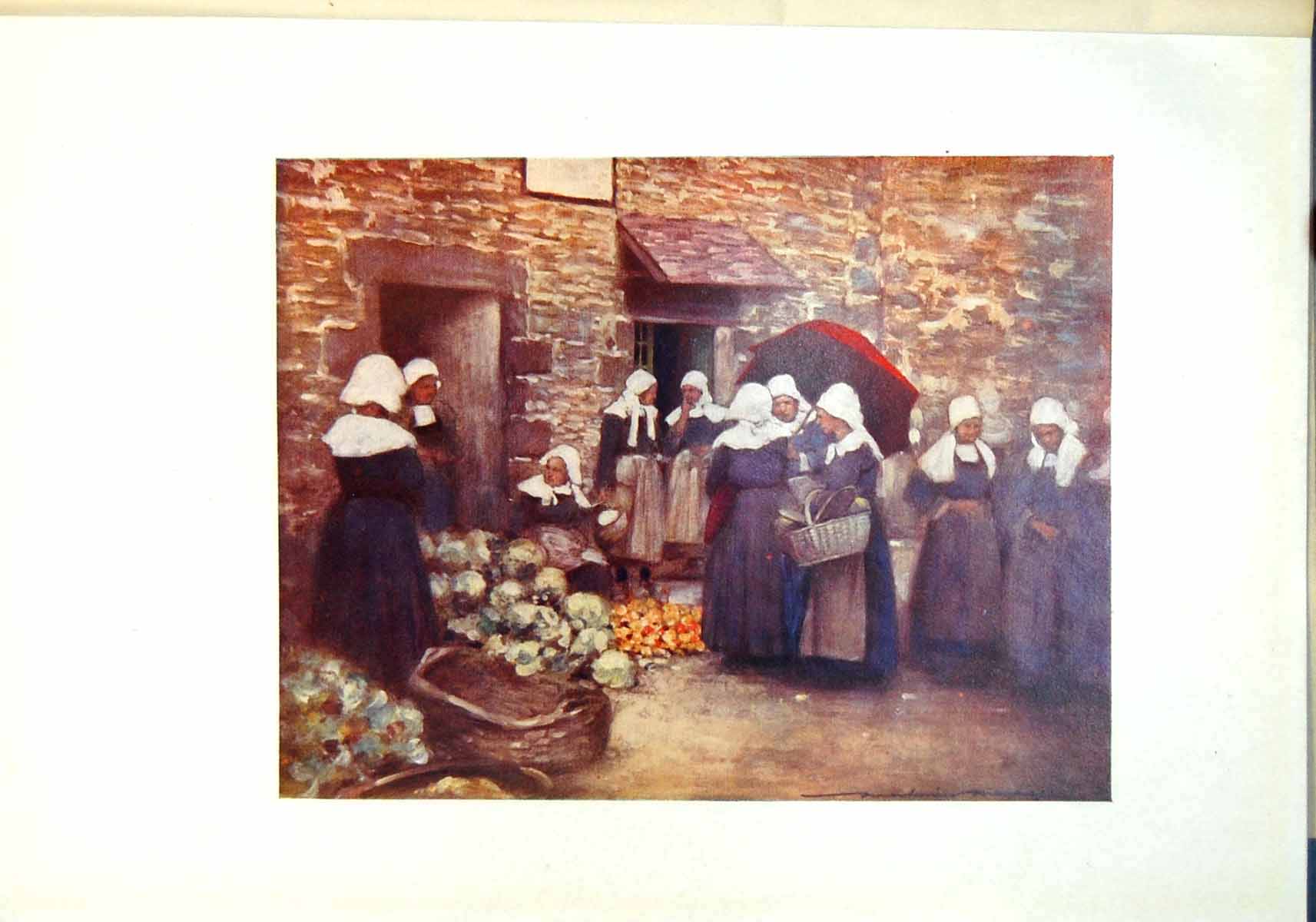 Original Old Antique Print Vegetable Market Normandy Women Head Gear Baskets