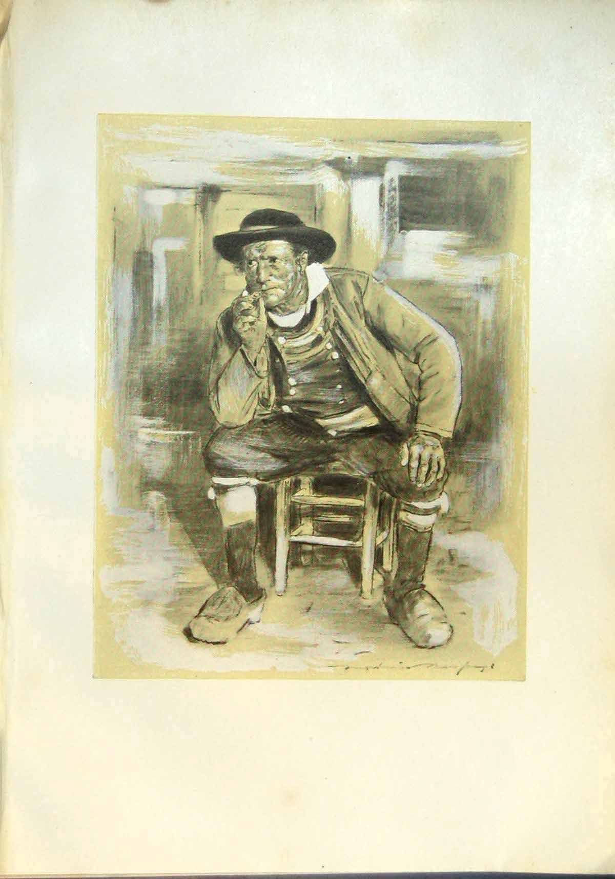 Original Old Antique Print Breton Peasant Brittany Man Chair