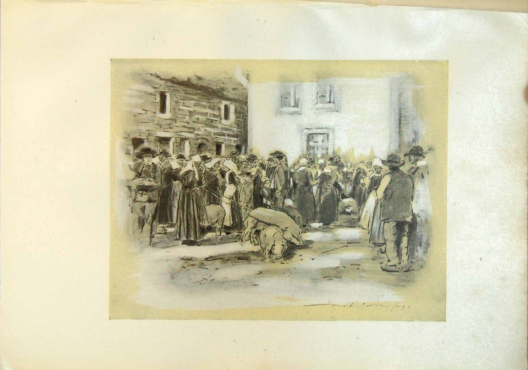 Original Old Antique Print Pig Market Brittany