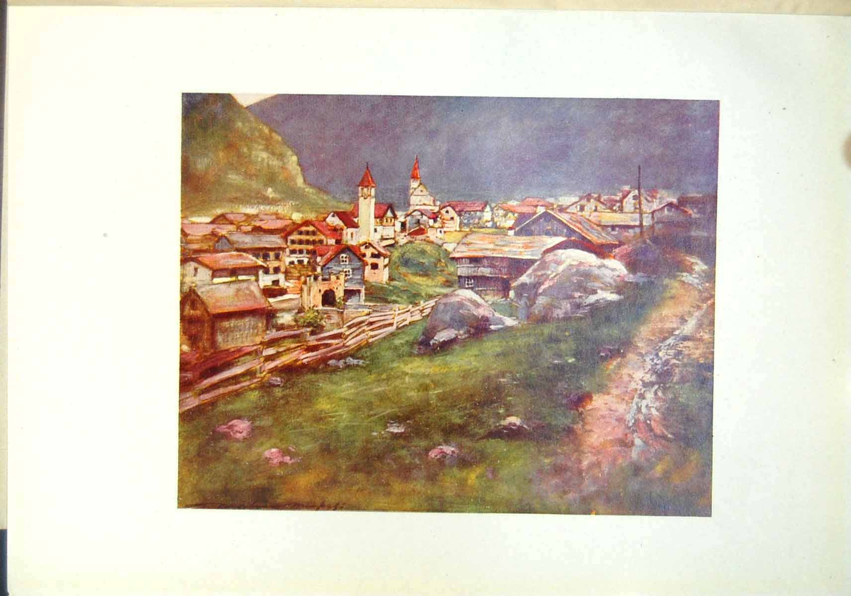Old Antique Print Goeschenen Switzerland Town Valley Church Chalet Homes