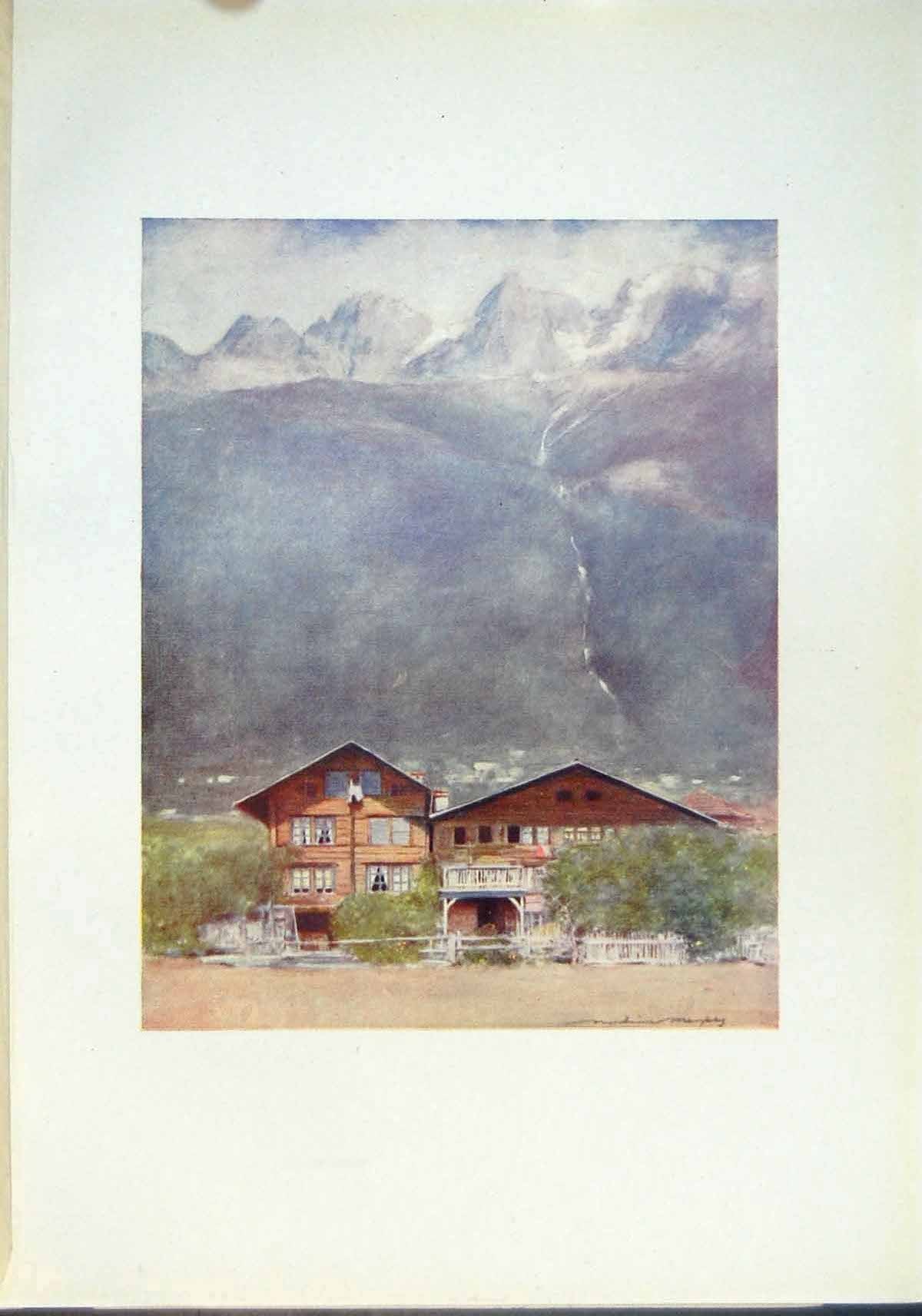 Antique Old Print Interlaken Switzerland Town Valley Mountains Wooden Houses