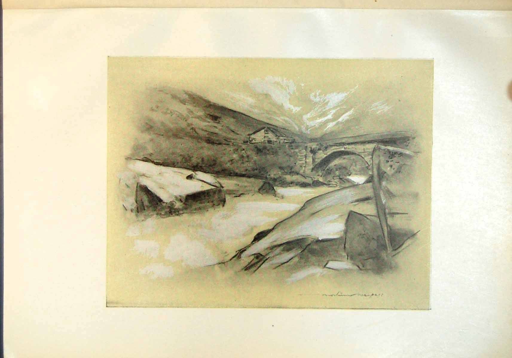 Original Old Antique Print Mountain Torrent Switzerland River Bridge