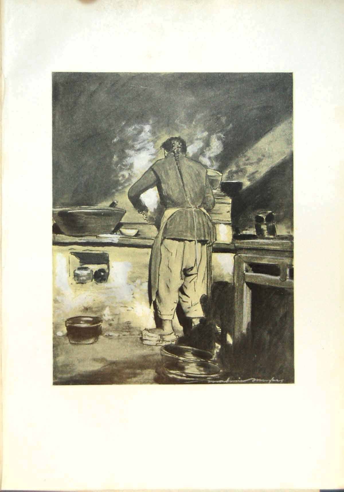 Original Old Antique Print Chinese Cook China Man Pleat Hair Stove Pans