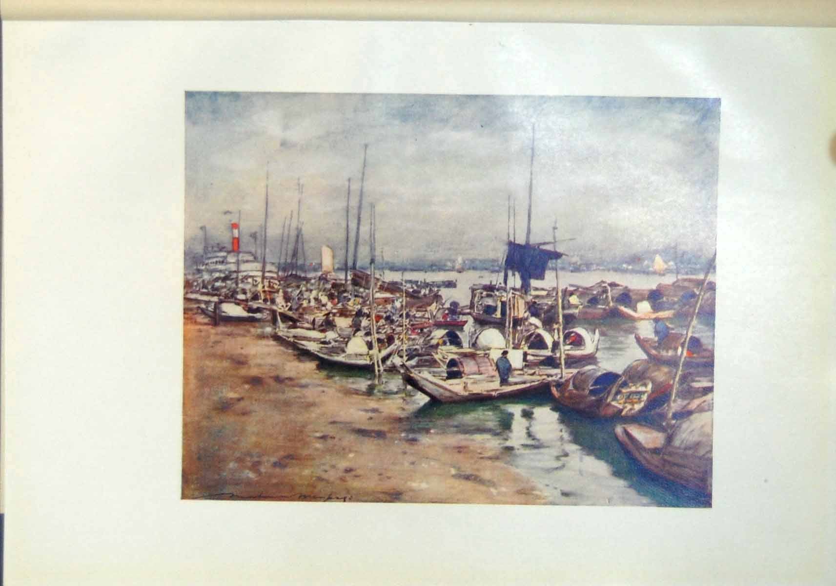 Original Old Antique Print River Scene China Boats Bay