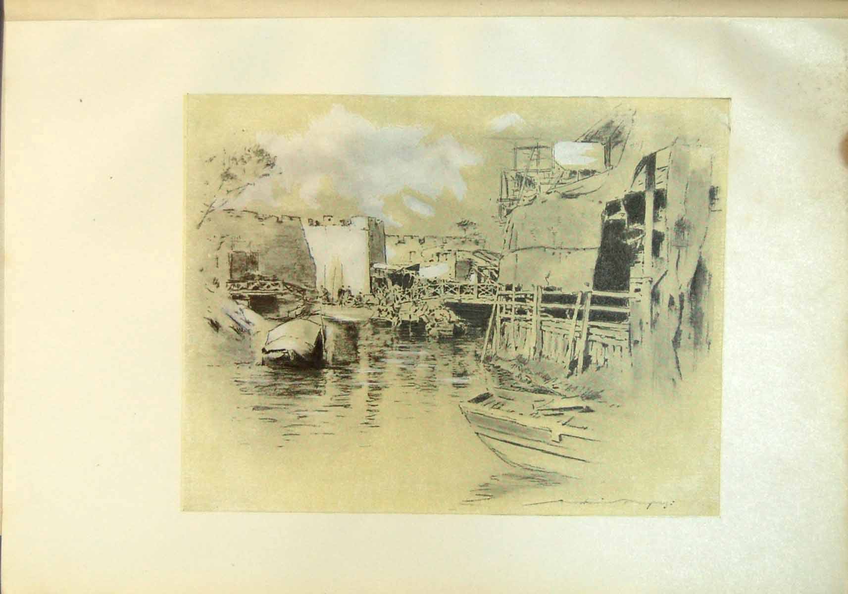 Original Old Antique Print Canton River Bridge Boats Buildings