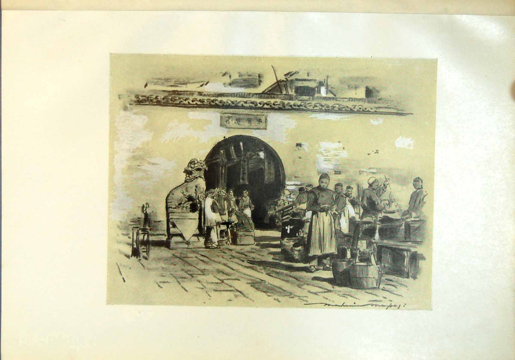 Original Old Antique Print In City Shanghai China Townspeople Water Carriers