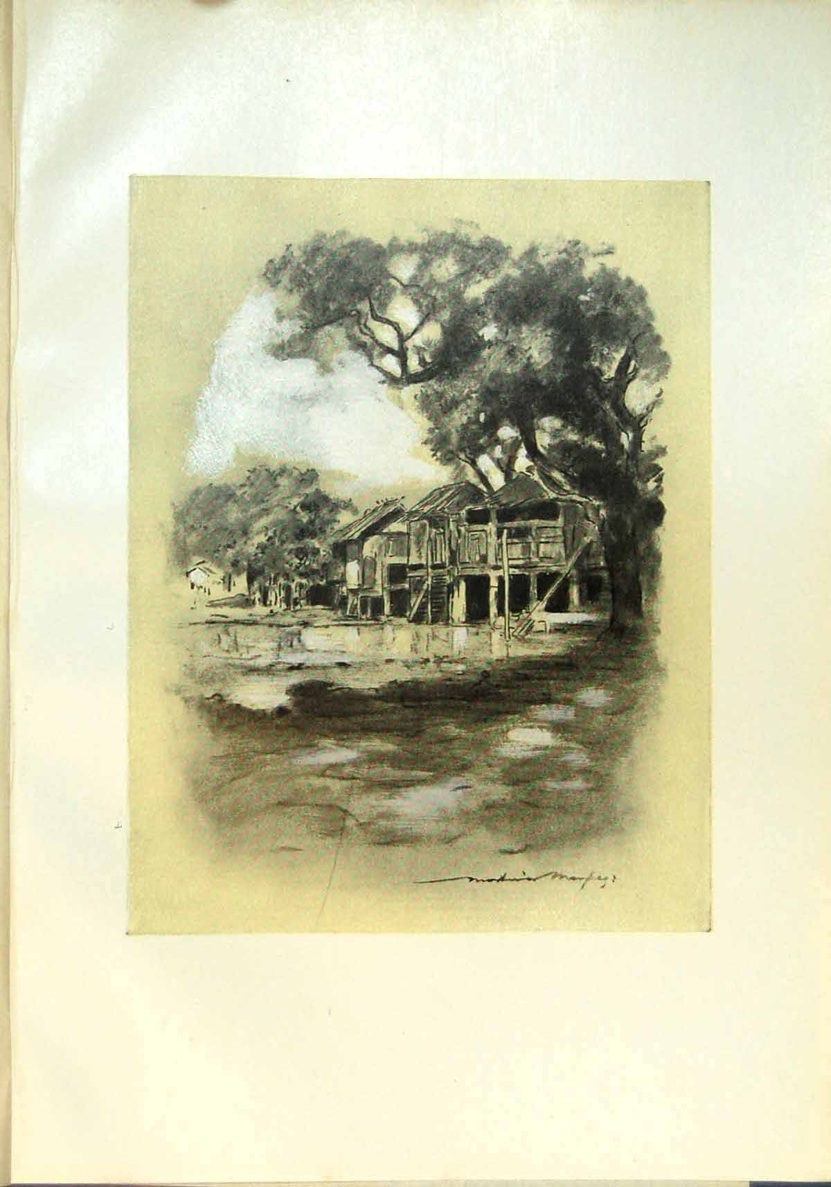 Original Old Antique Print Up Country Village Burma Wooden Huts Trees