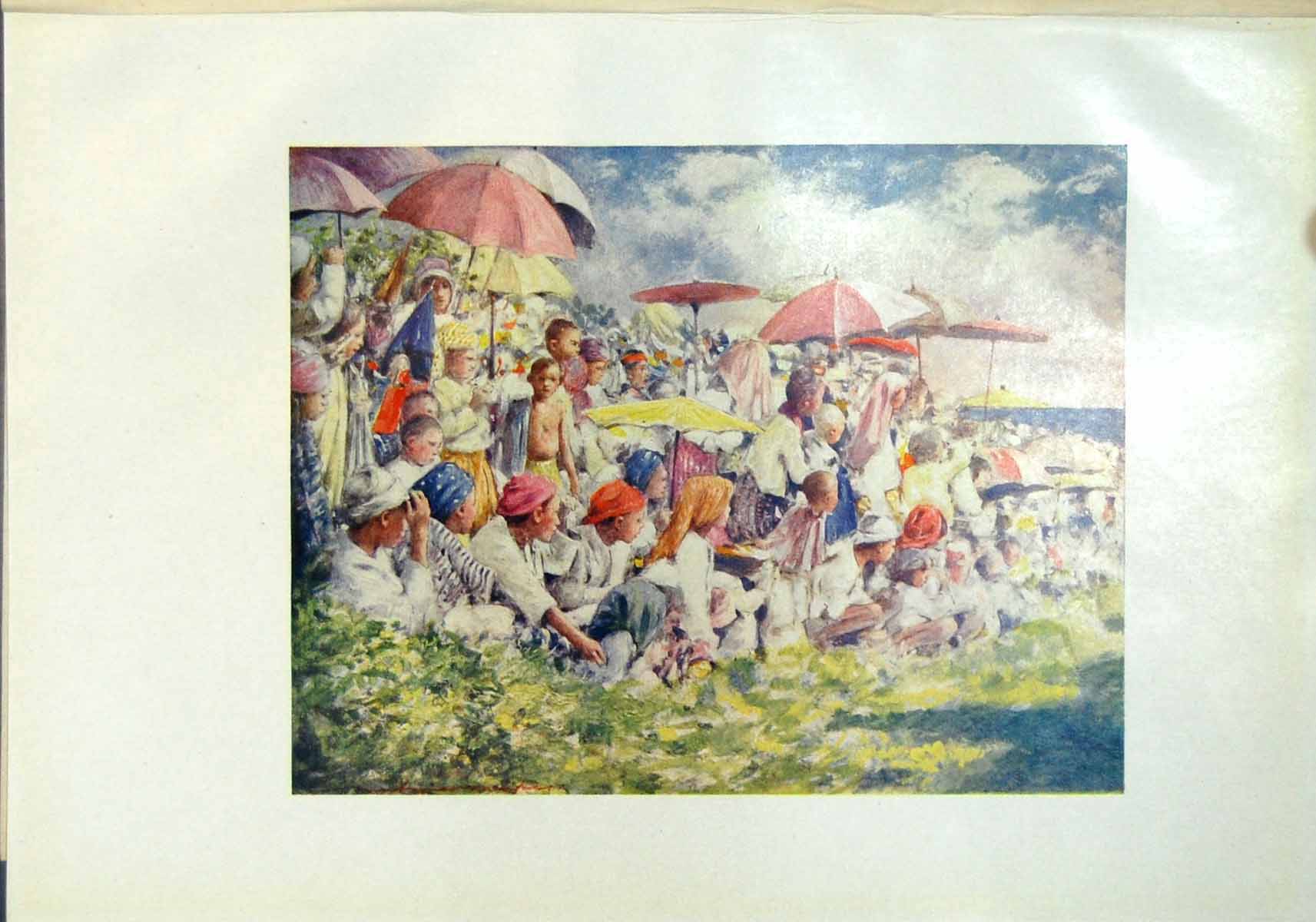 Original Old Antique Print Watching Boat Race Burma Parasols