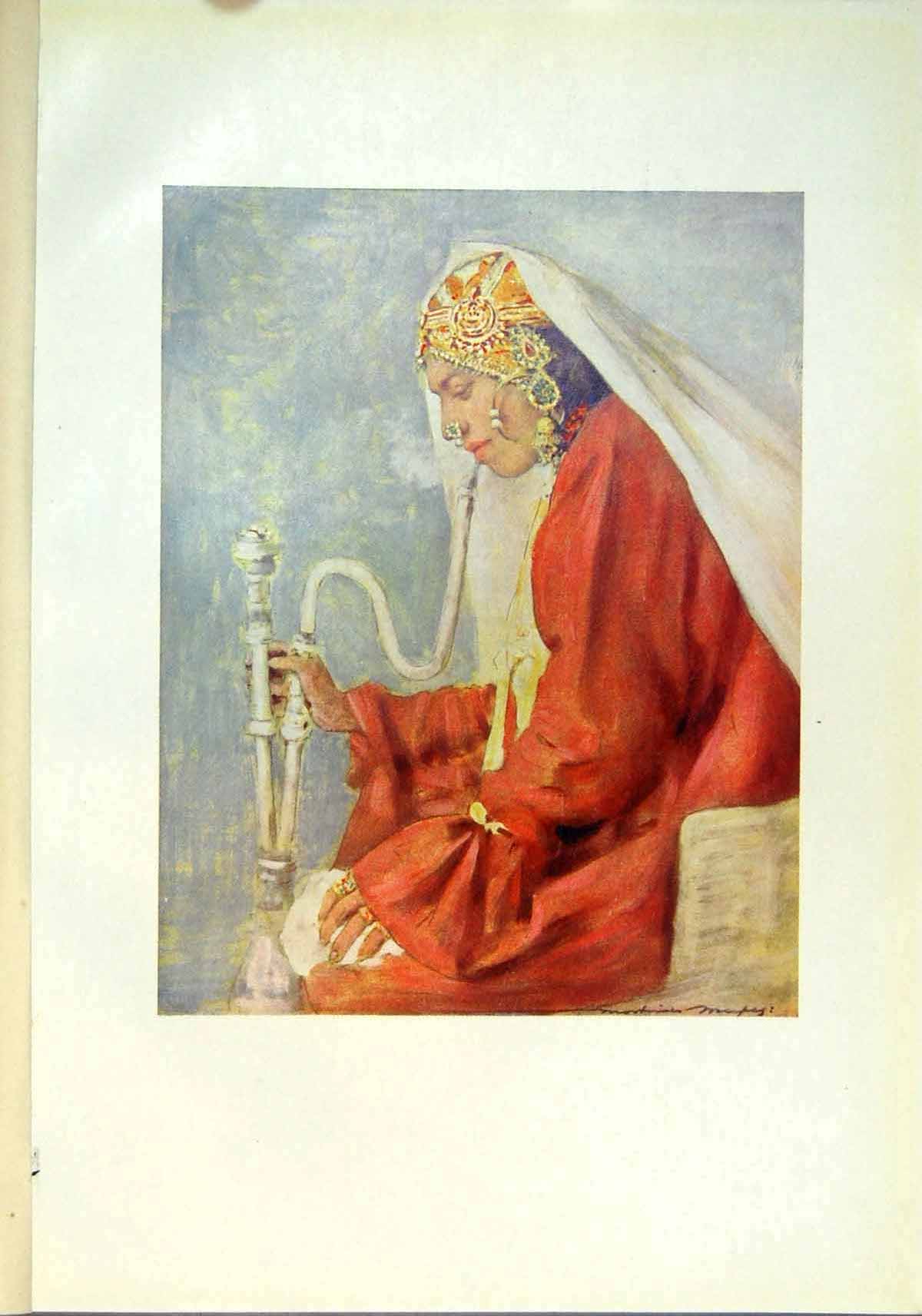 Original Old Antique Print Singing Girl Cashmere Jewels Hair Nose