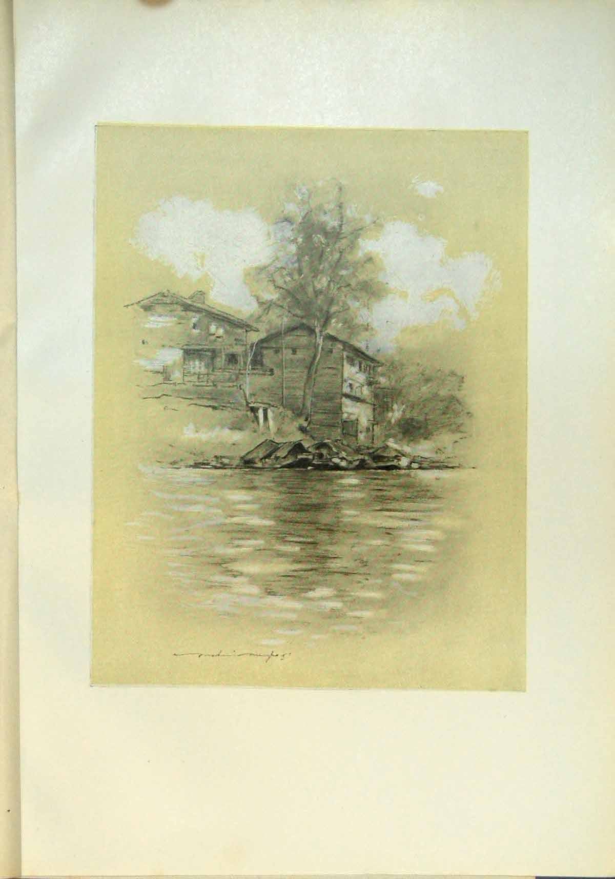 Original Old Antique Print River Dwelling Srinagar Cashmere