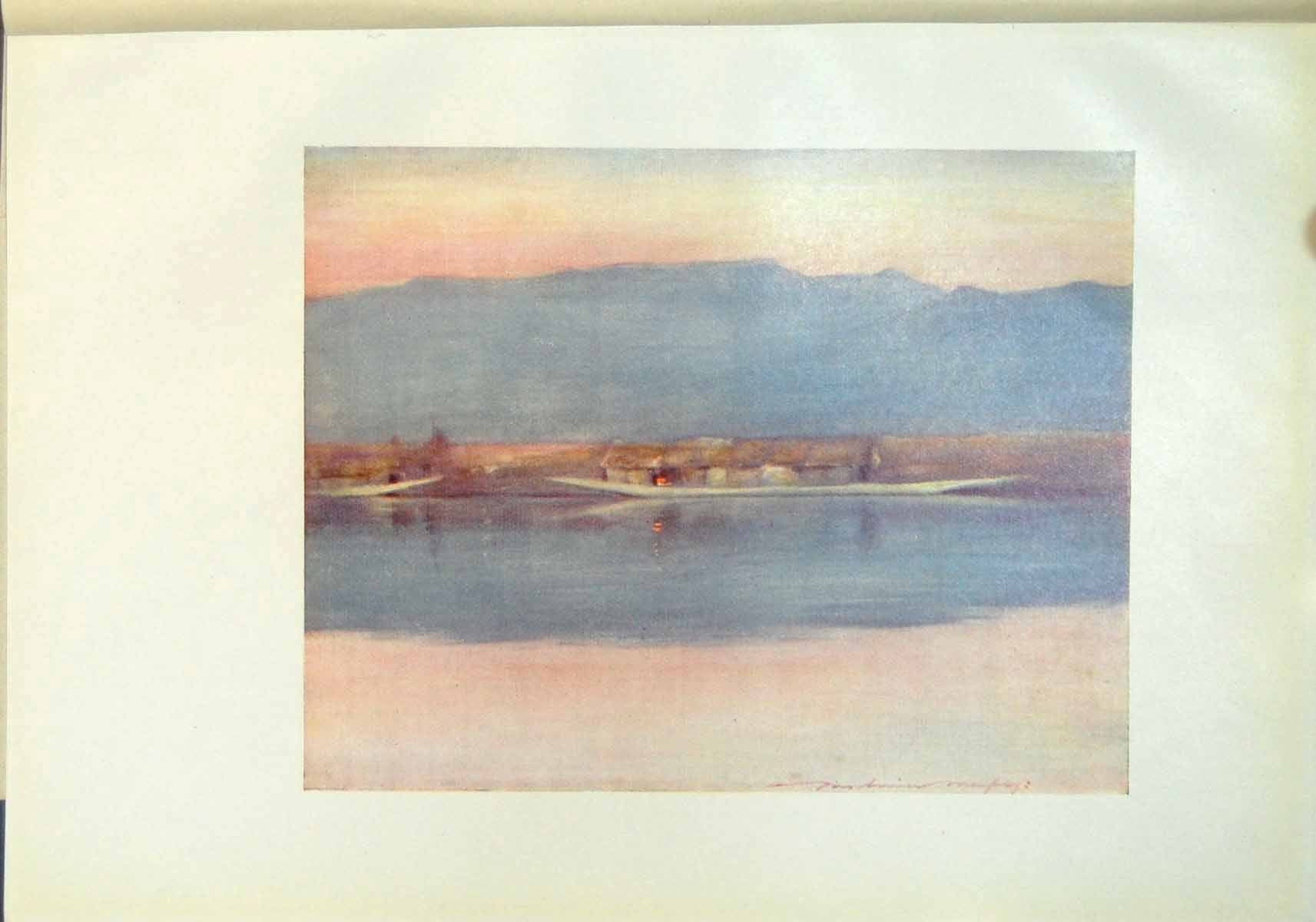 Original Old Antique Print Sapoor Cashmere House Boat River Mountains