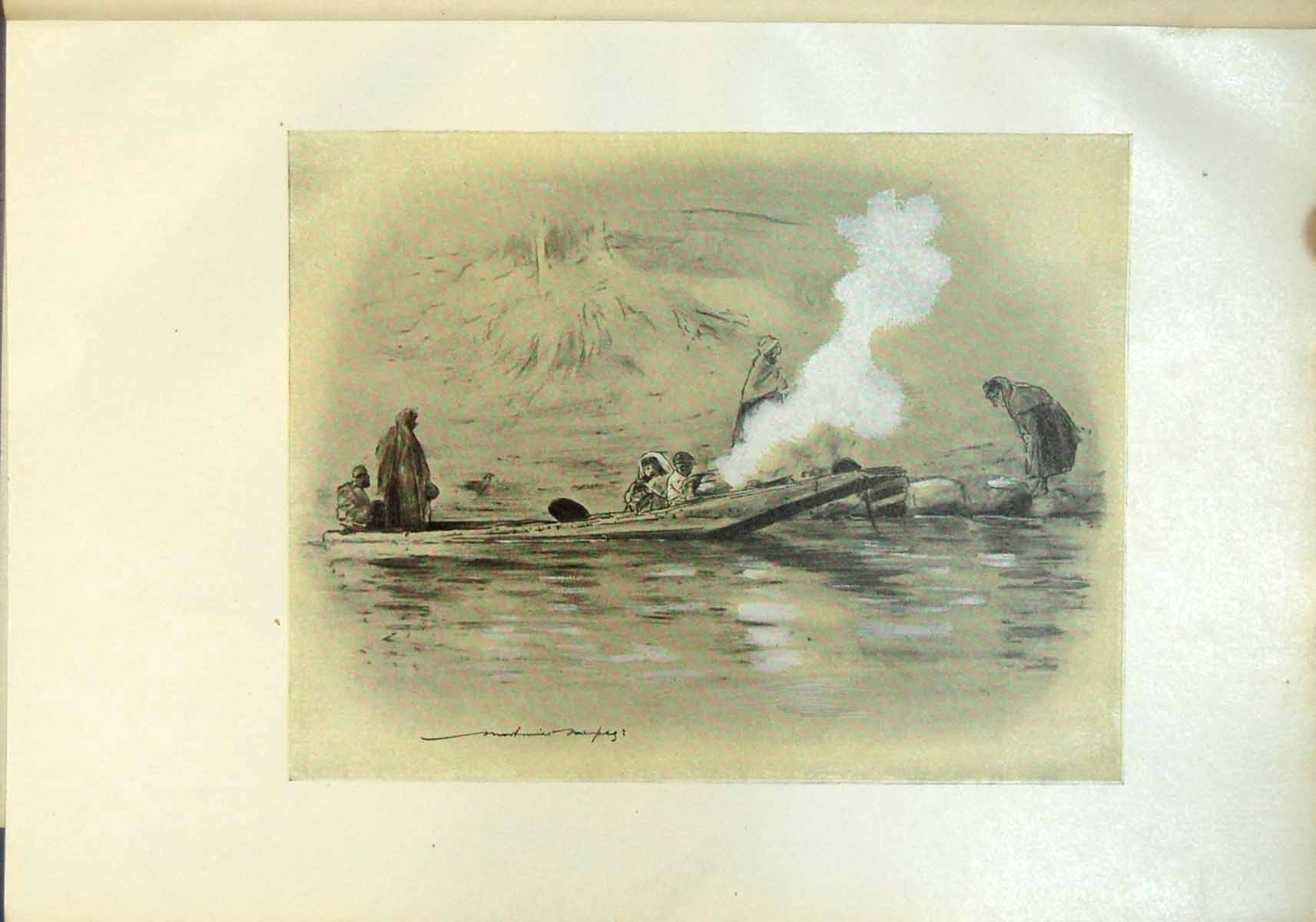Original Old Antique Print Family Nomadic Tribe Cashmere Boat River