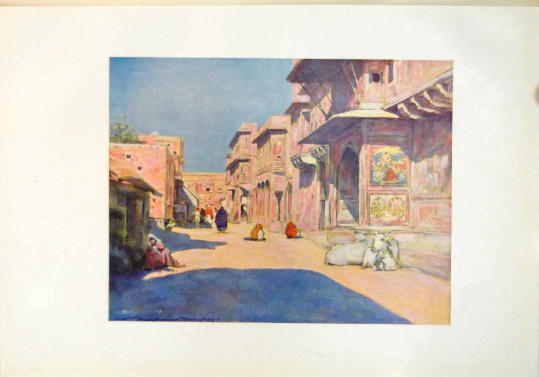 Original Old Antique Print Jeypore India Street Pedestrians Cattle