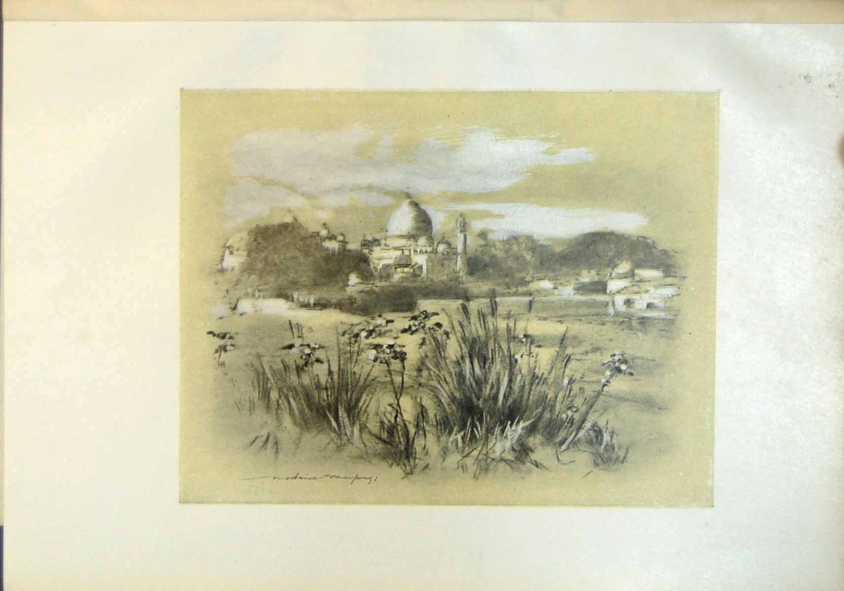 Original Old Antique Print Taj At Agra India Temple Trees Countryside