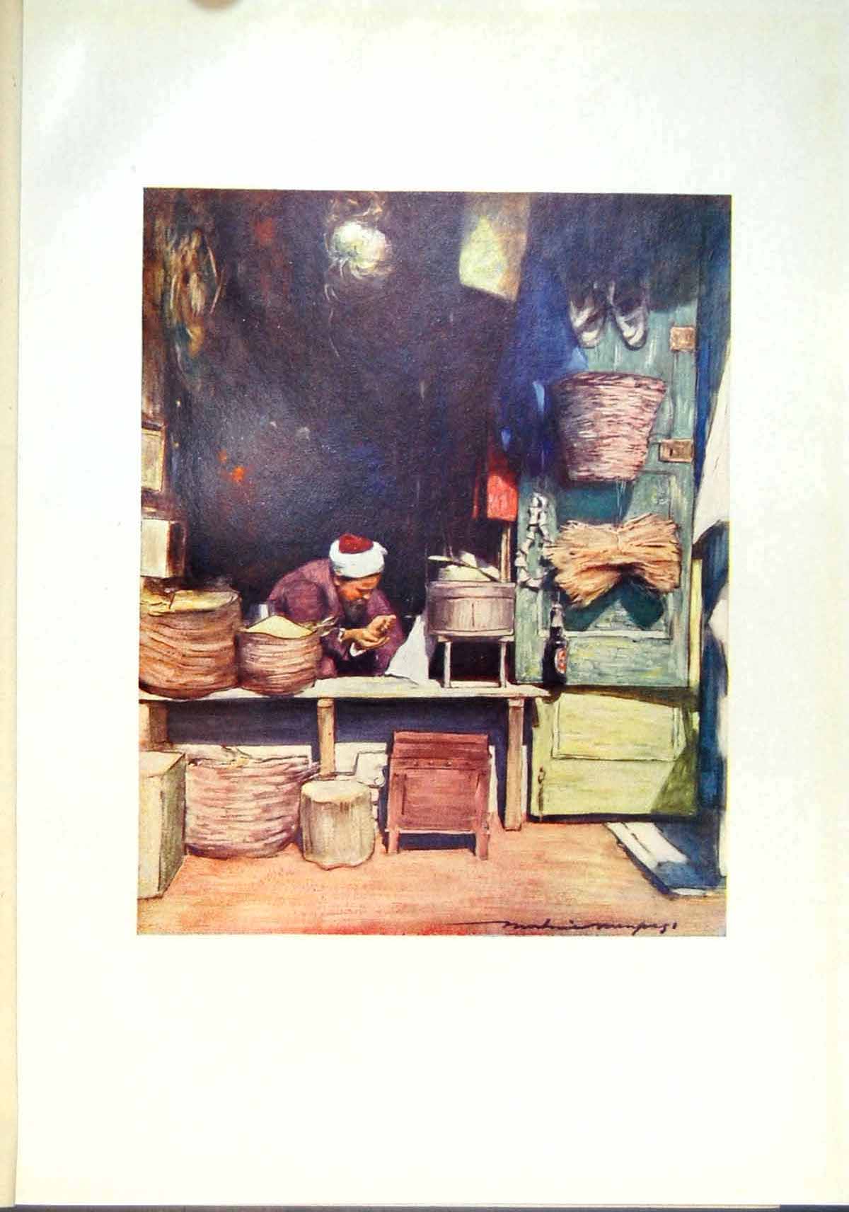 Original Old Antique Print Seed Stall Delhi India Seller Baskets
