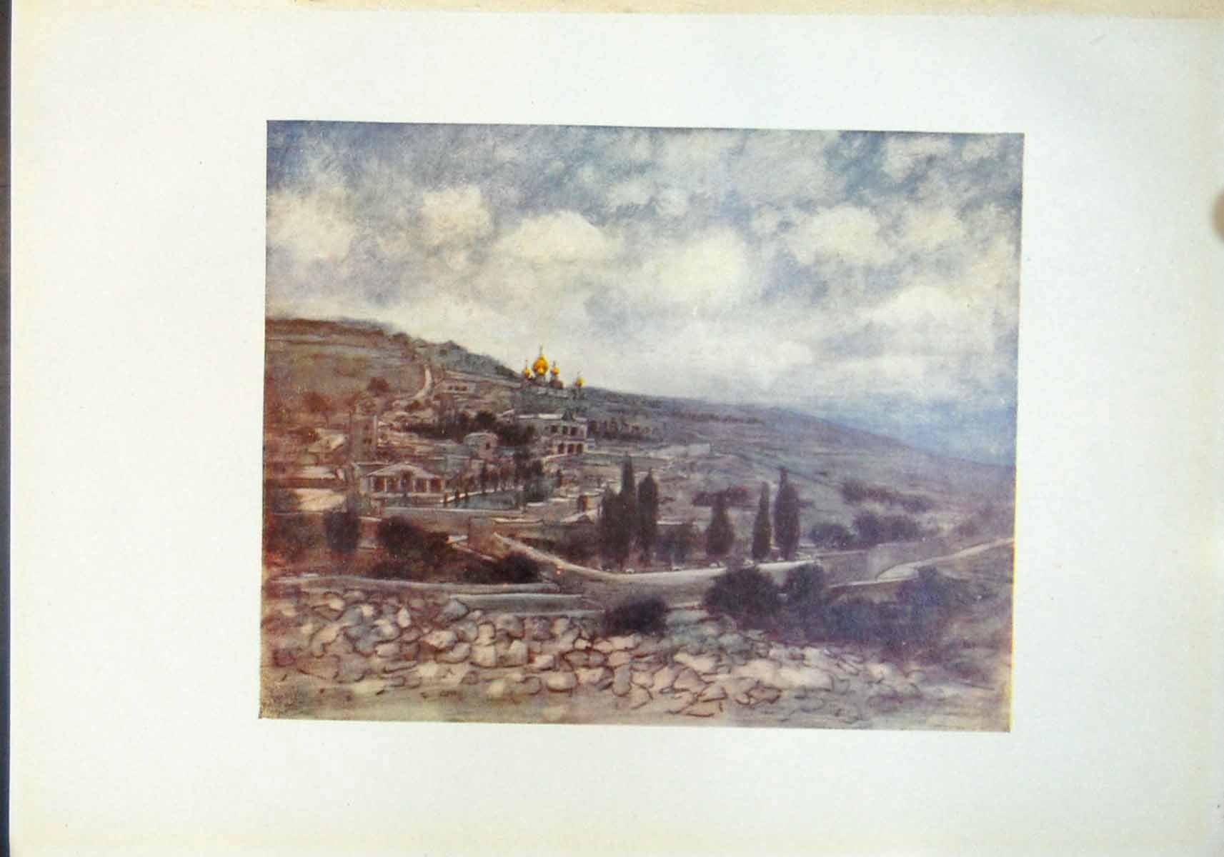 Original Old Antique Print Mount Olives Palestine Temple