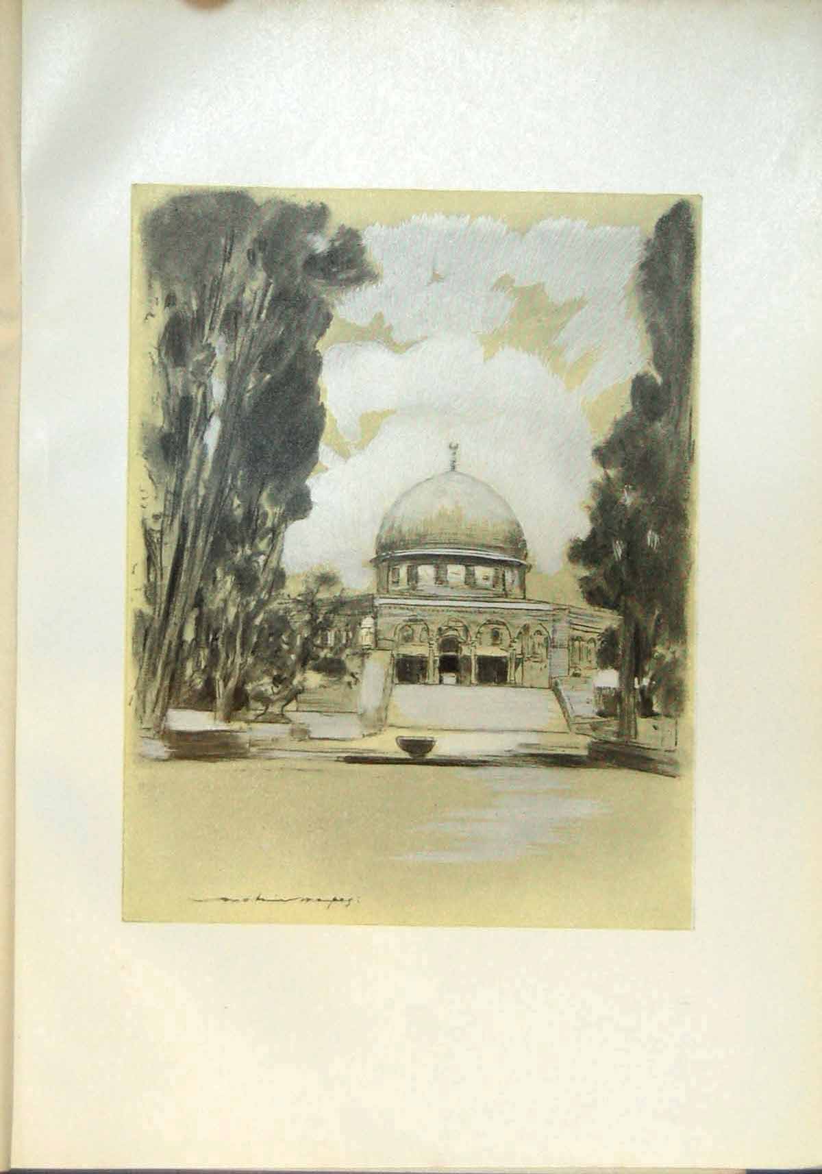 Original Old Antique Print Mosque Omar Jerusalem Palestine