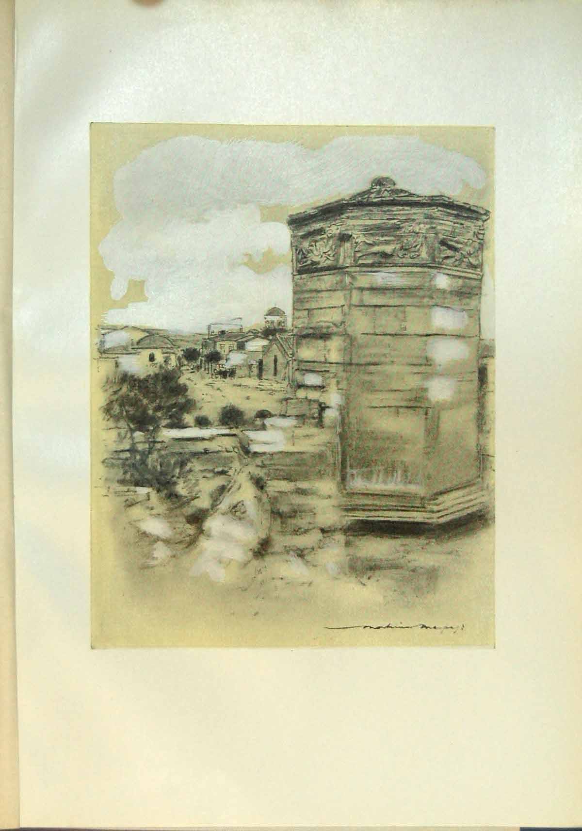Original Old Antique Print Tower The Winds Athens Greece