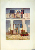 Antique Old Print Seville Spain Houses Upstairs Washing Drying Flowers Pots