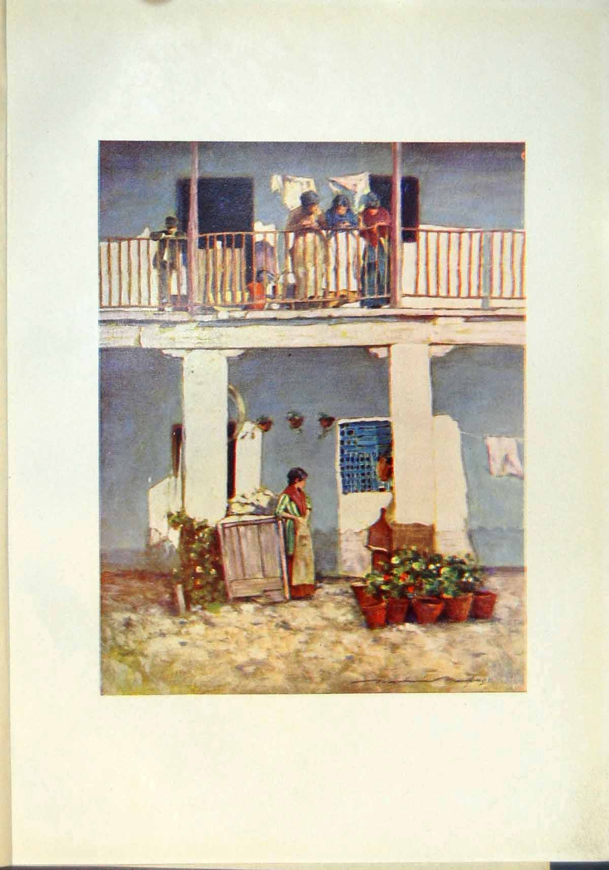 Antique Old Print Seville Spain Houses Upstairs Washing Drying Flowers Pots