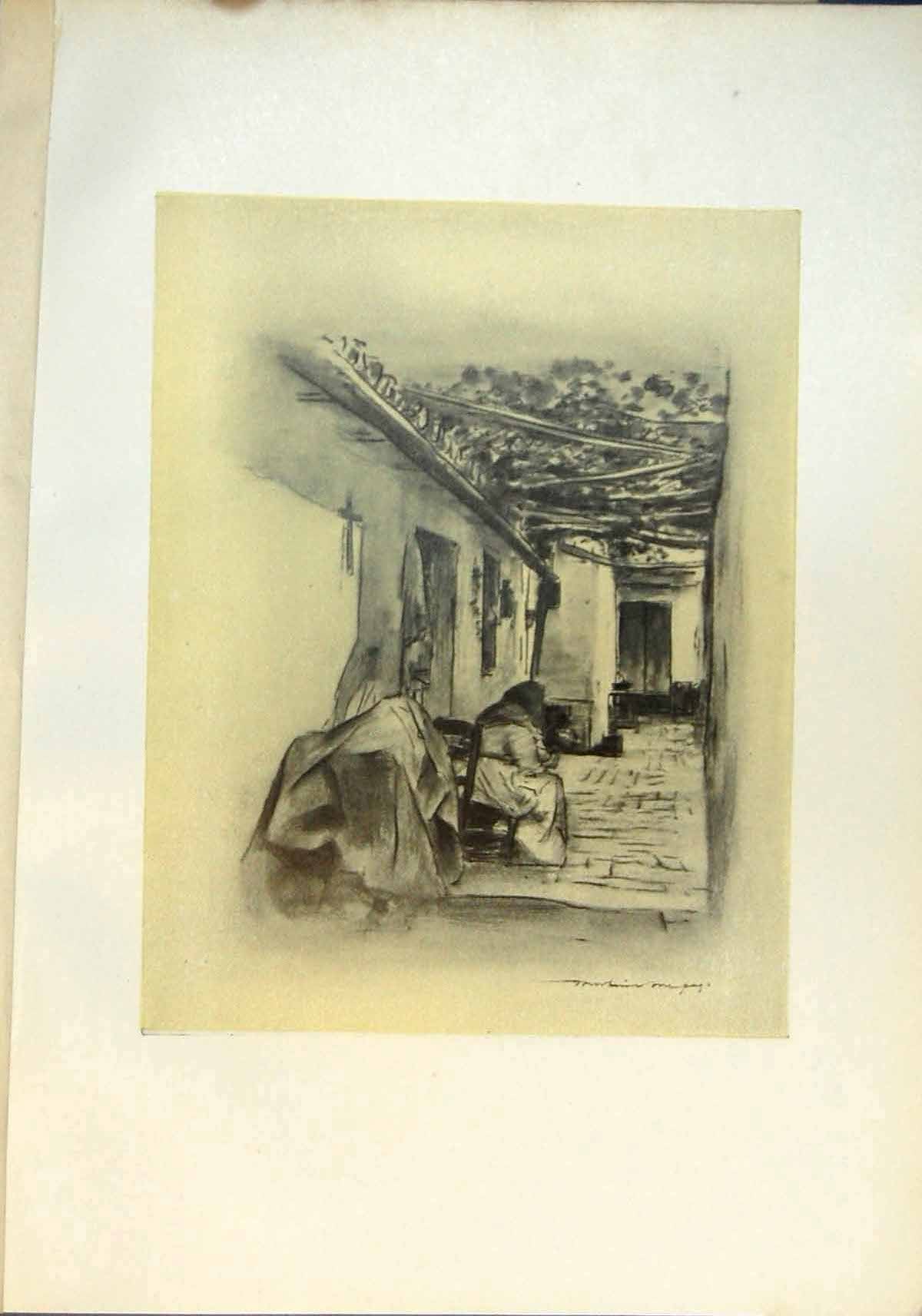 Original Old Antique Print Courtyard Seville Spain Woman Chair Under Cover