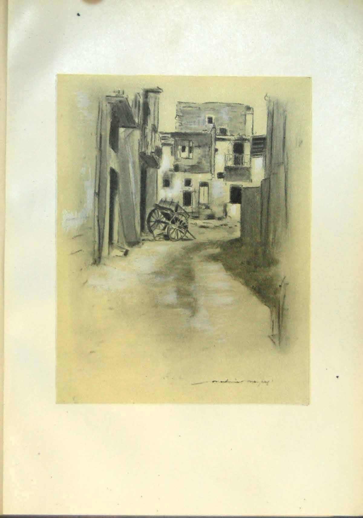 Original Old Antique Print Deserted Houses Sicily Street Cart