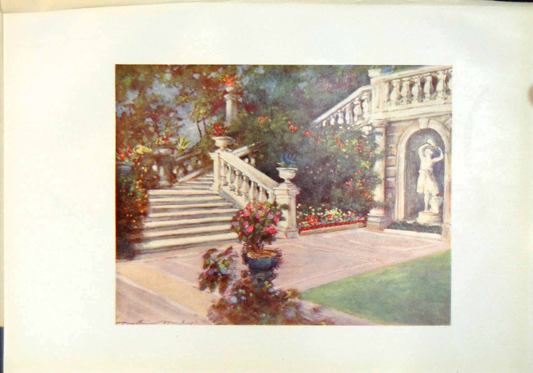 Antique Old Print Garden Rome Statue Stone Stairs Beautiful Flowers Shrubs