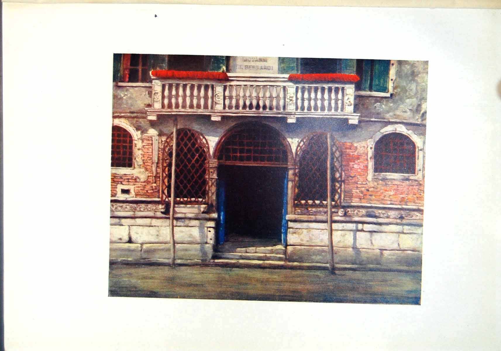 Original Old Antique Print Doorway Venice Italy Iron Bars Windows Balcony Canal