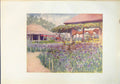 Antique Print Iris Garden Japan Blue Irises Flowers Bush Lanterns Building