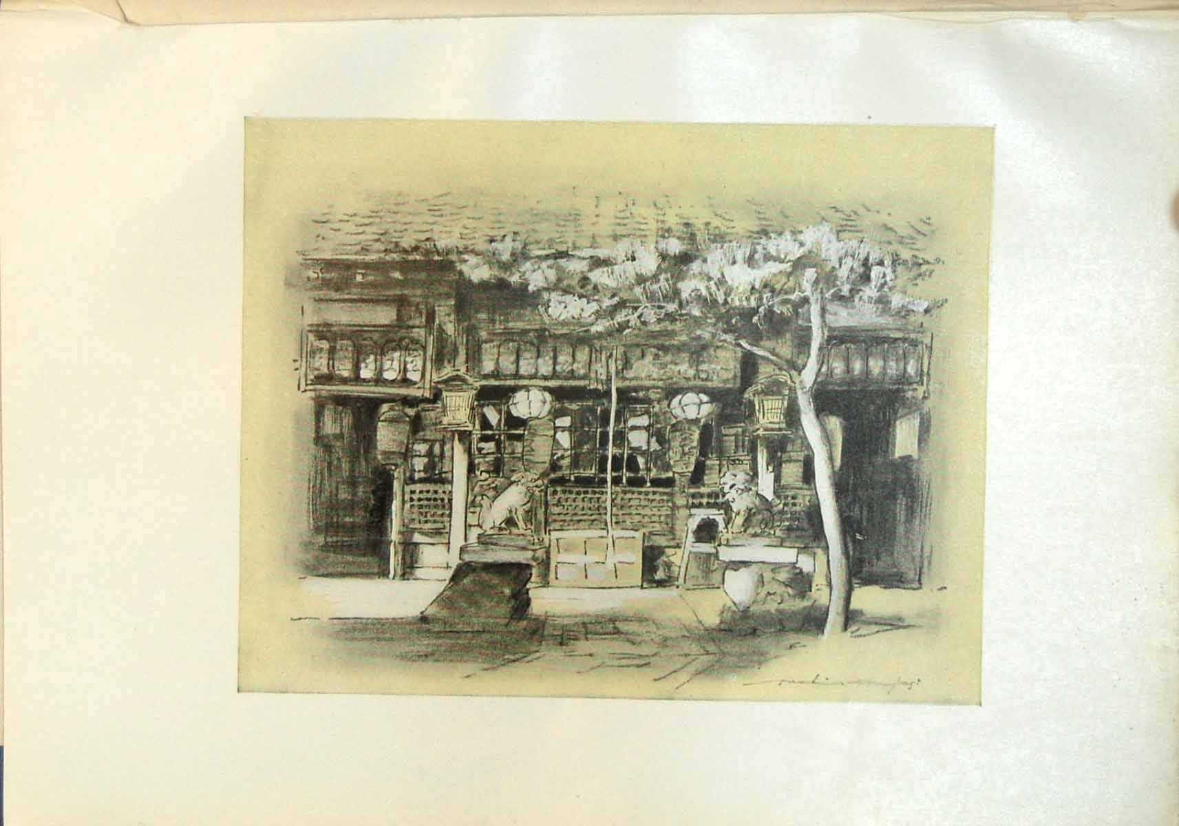 Original Old Antique Print Entrance To Temple Japan Tree Statues