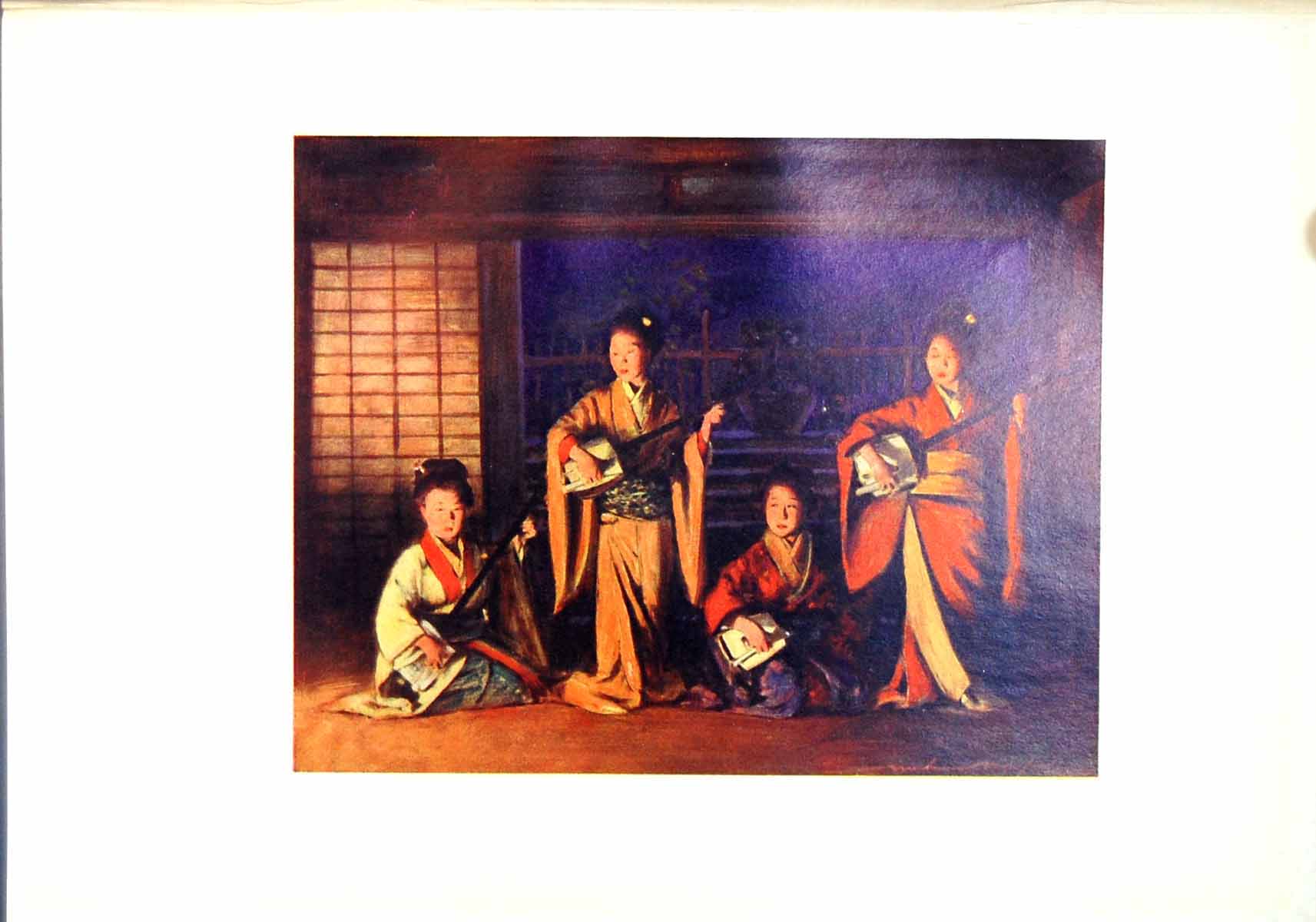 Antique Old Print Geisha Girls Japan Colourful Kimonos Playing Instruments