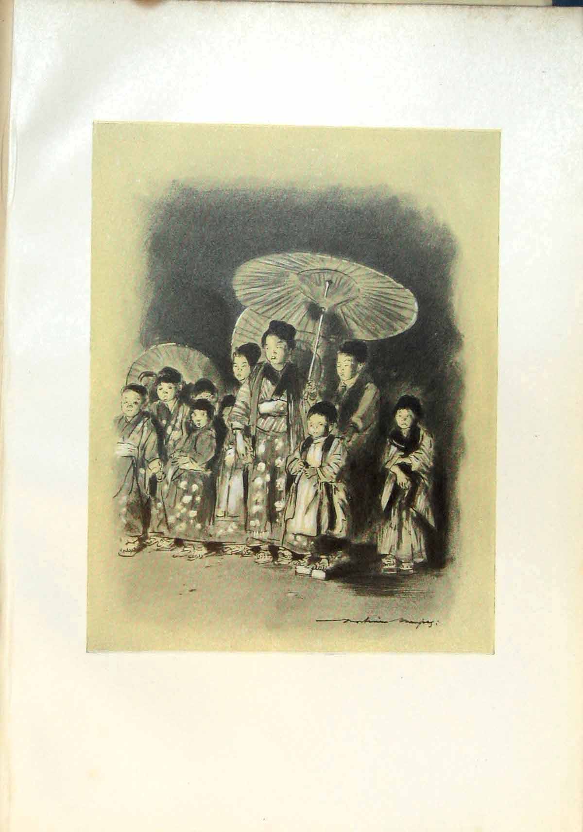 Original Old Antique Print Children Watching Play Japan