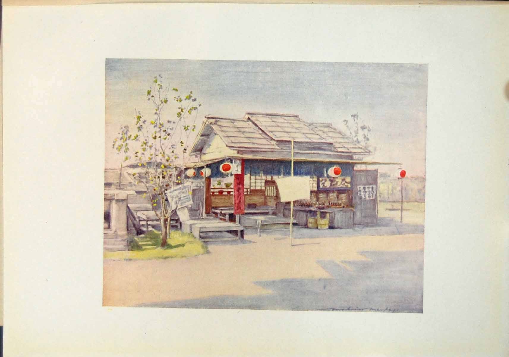 Original Old Antique Print Tea House Japan Seating Lanterns Tree