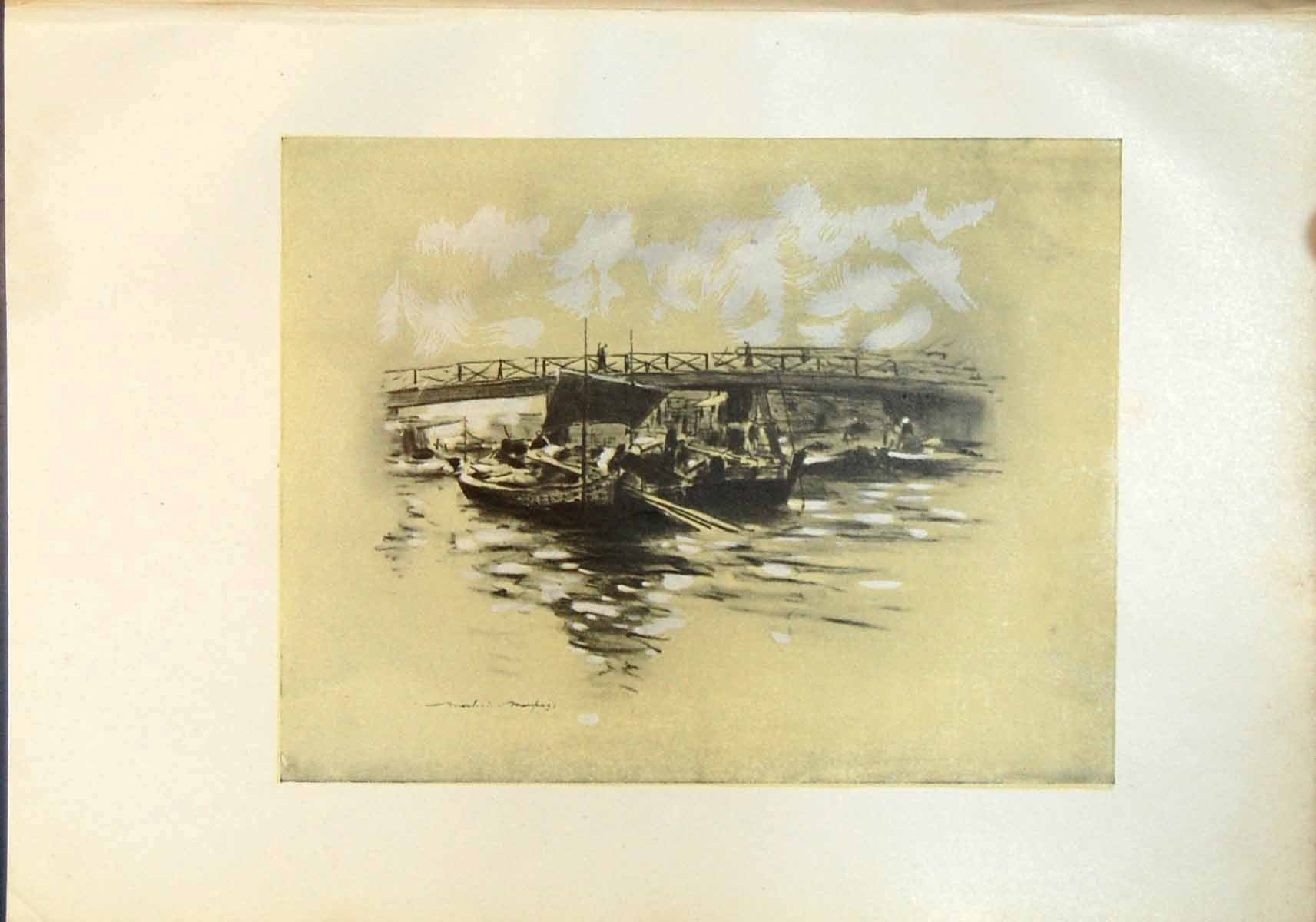 Original Old Antique Print Ogara River Tokio Japan Bridge Boats