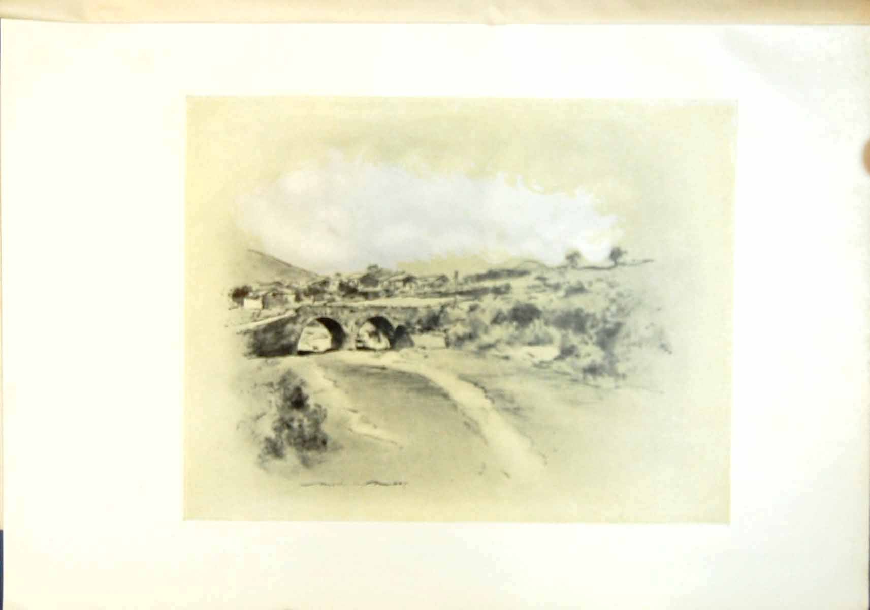 Original Old Antique Print Mexican Village Countryside Bridge River