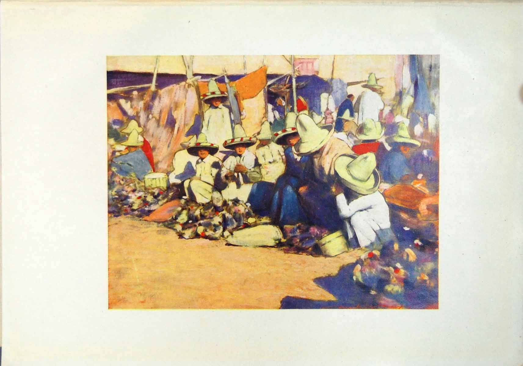Original Old Antique Print Puebla Mexico Men Hats Seated Ground Selling Market