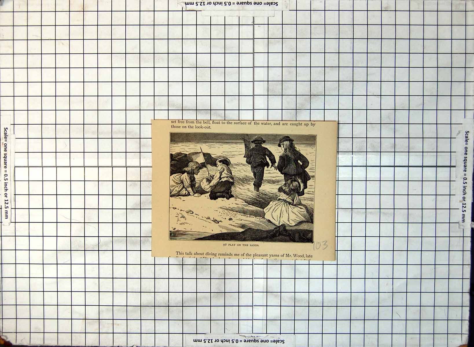 Old Print At Play On Sands Children Toy Boat Sailing Waves Sand Castle Flag 103G