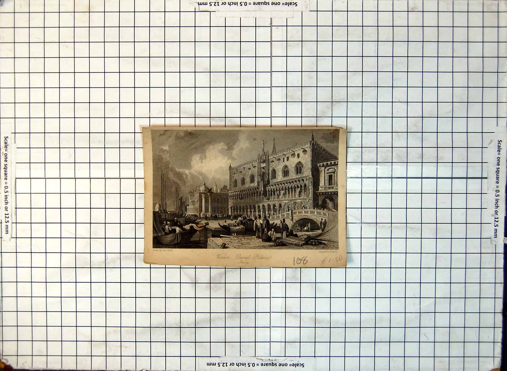 Old Print Venice Italy Ducal Palace Canal Boats Bridge People Columns 108G