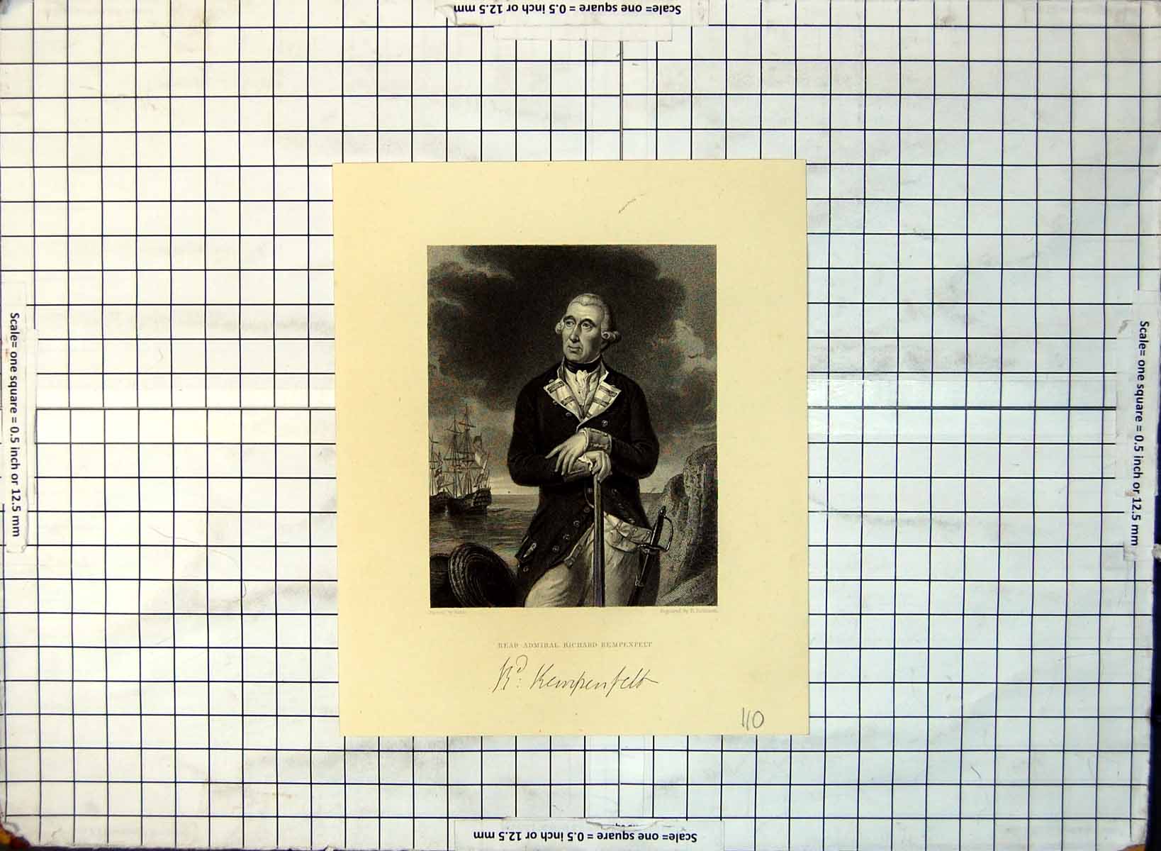 Old Rear Admiral Richard Kempenfelt Portrait Ships Beyond Sword 1867 110G 19th