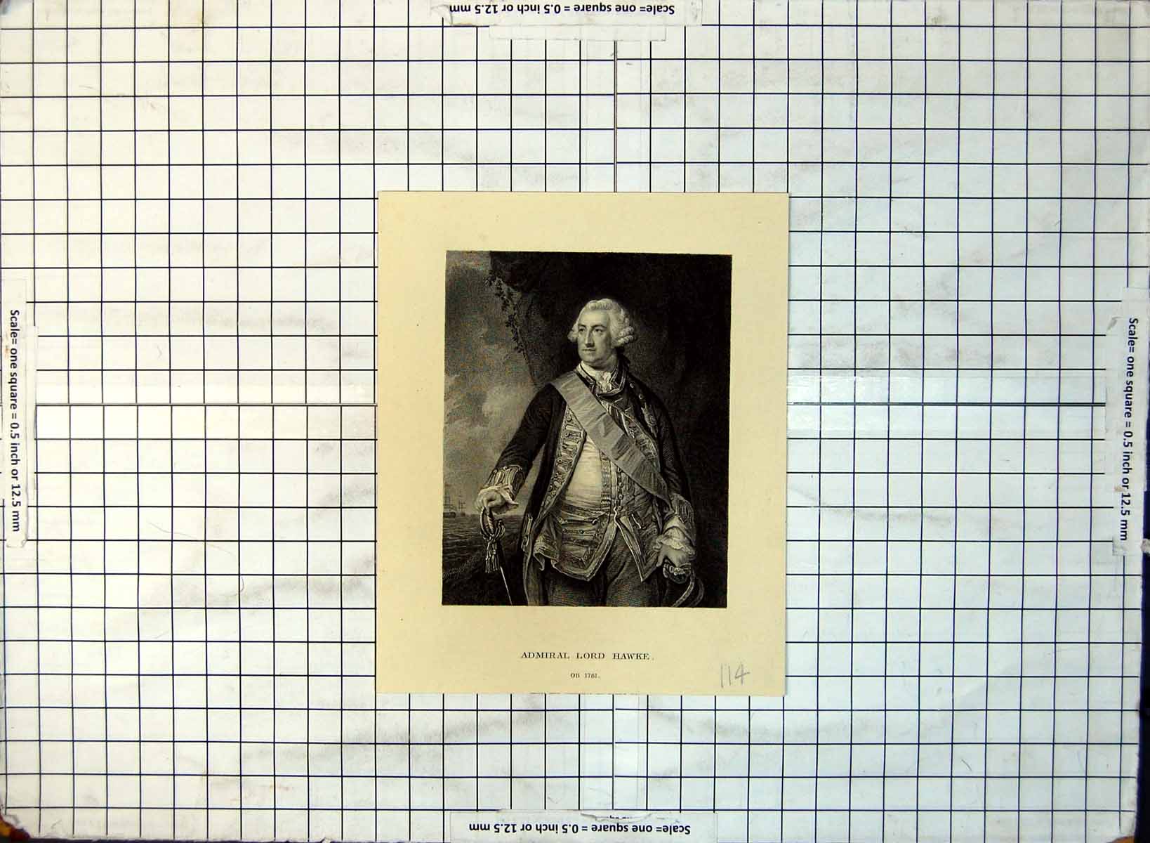 Old Print Admiral Lord Hawke Portrait Standing Cliff Face Ships Beyond 1867 114G