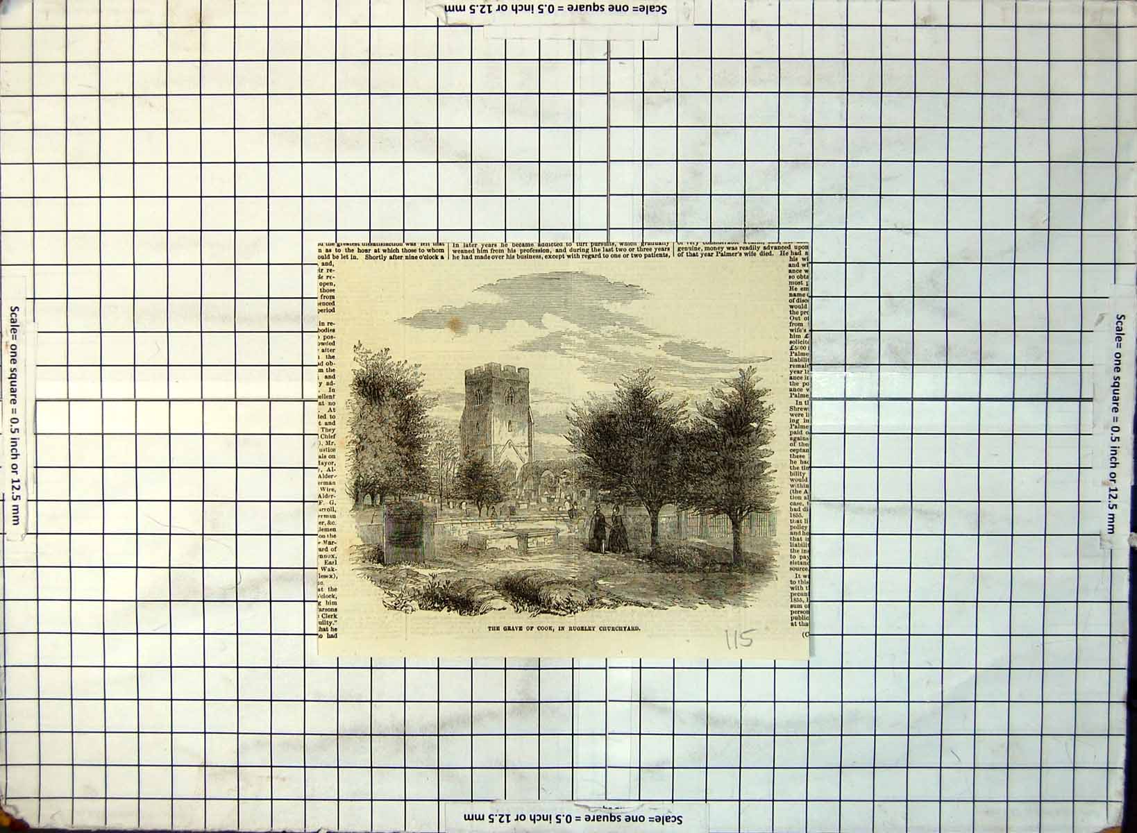 Antique Old Print Grave Cook Rugeley Churchyard Tomb Church Trees People 115G