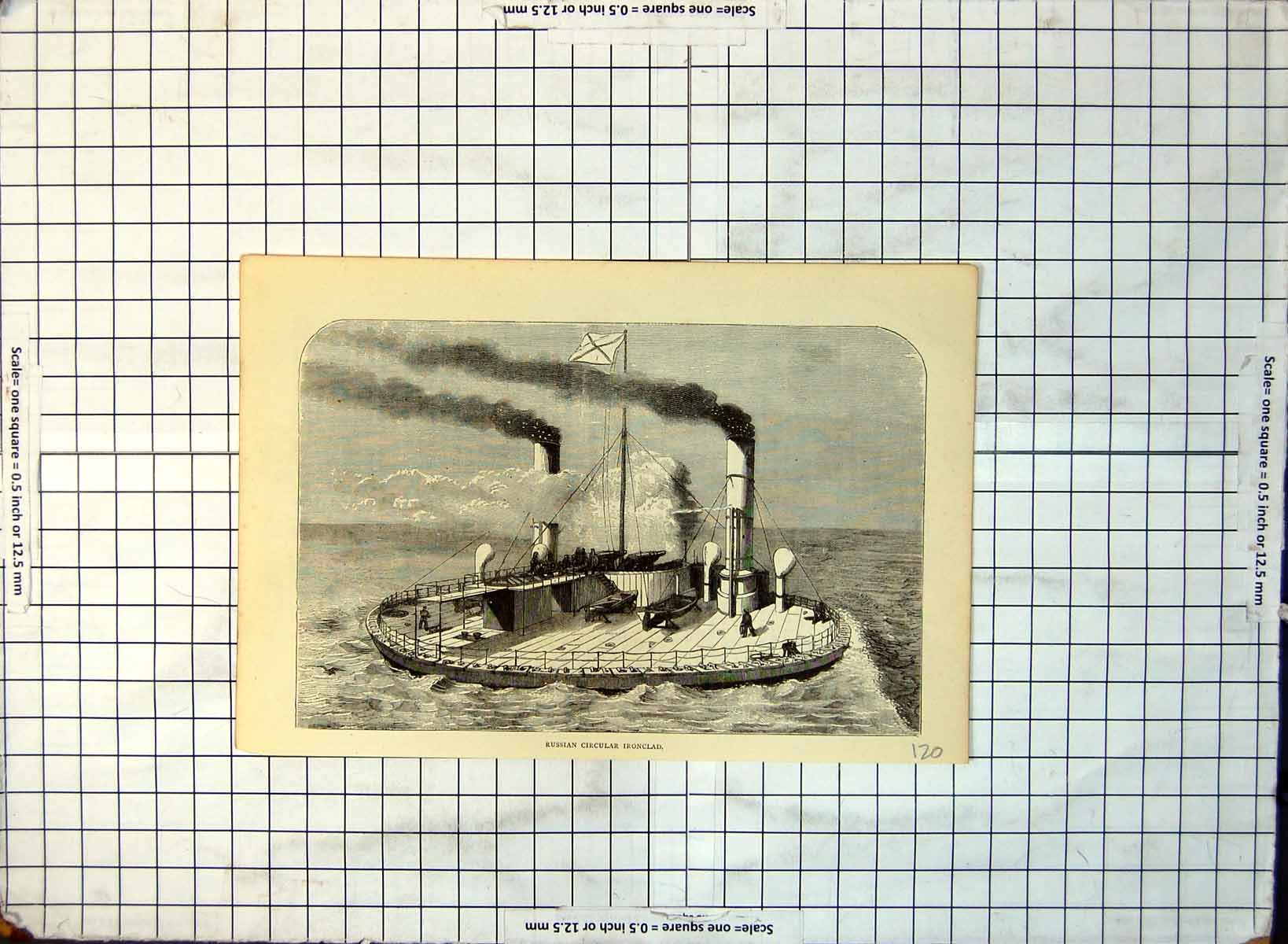 Old Print Russian Circular Ironclad Sea Guns Funnels Lifeboats C1888 120G 19th