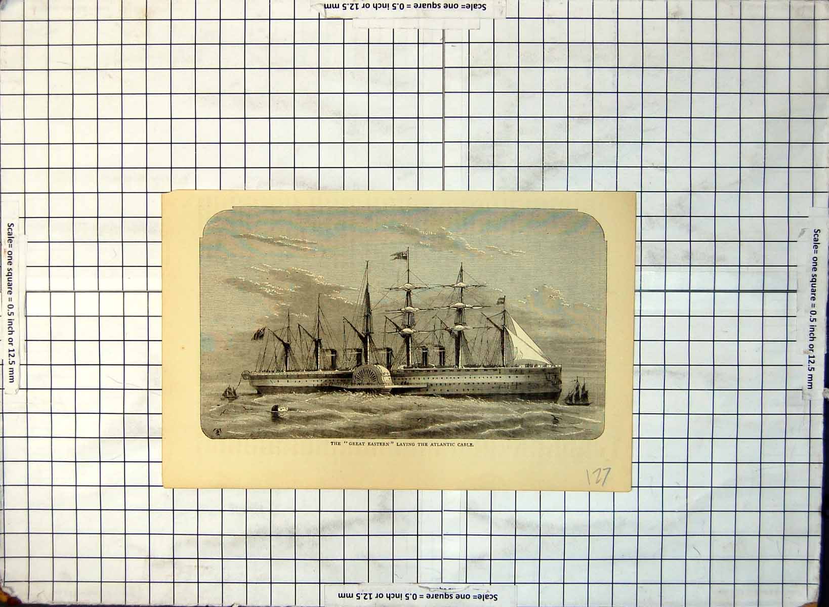 Old Print Great Eastern Laying Atlantic Cable Steamship Masts Funnels C1888 127G