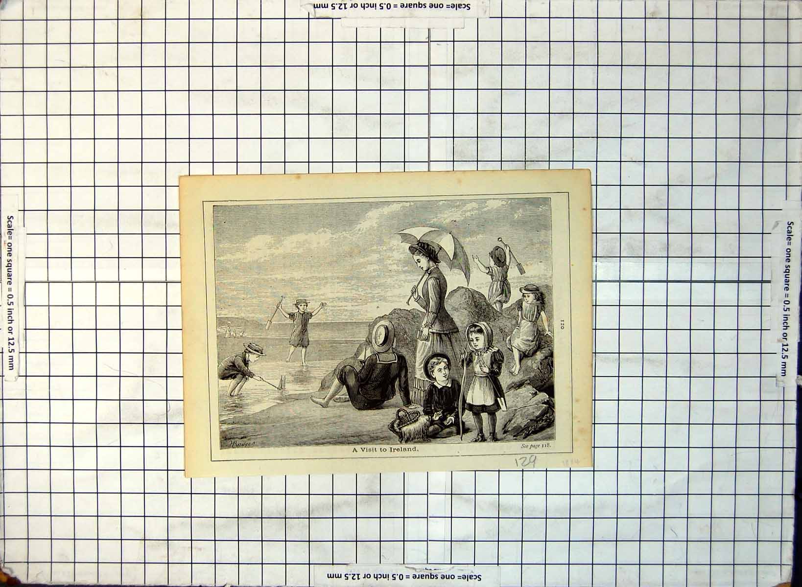 Print Visit Ireland Lady Parasol Children Playing Sea Edge Sailboat 1884 129G