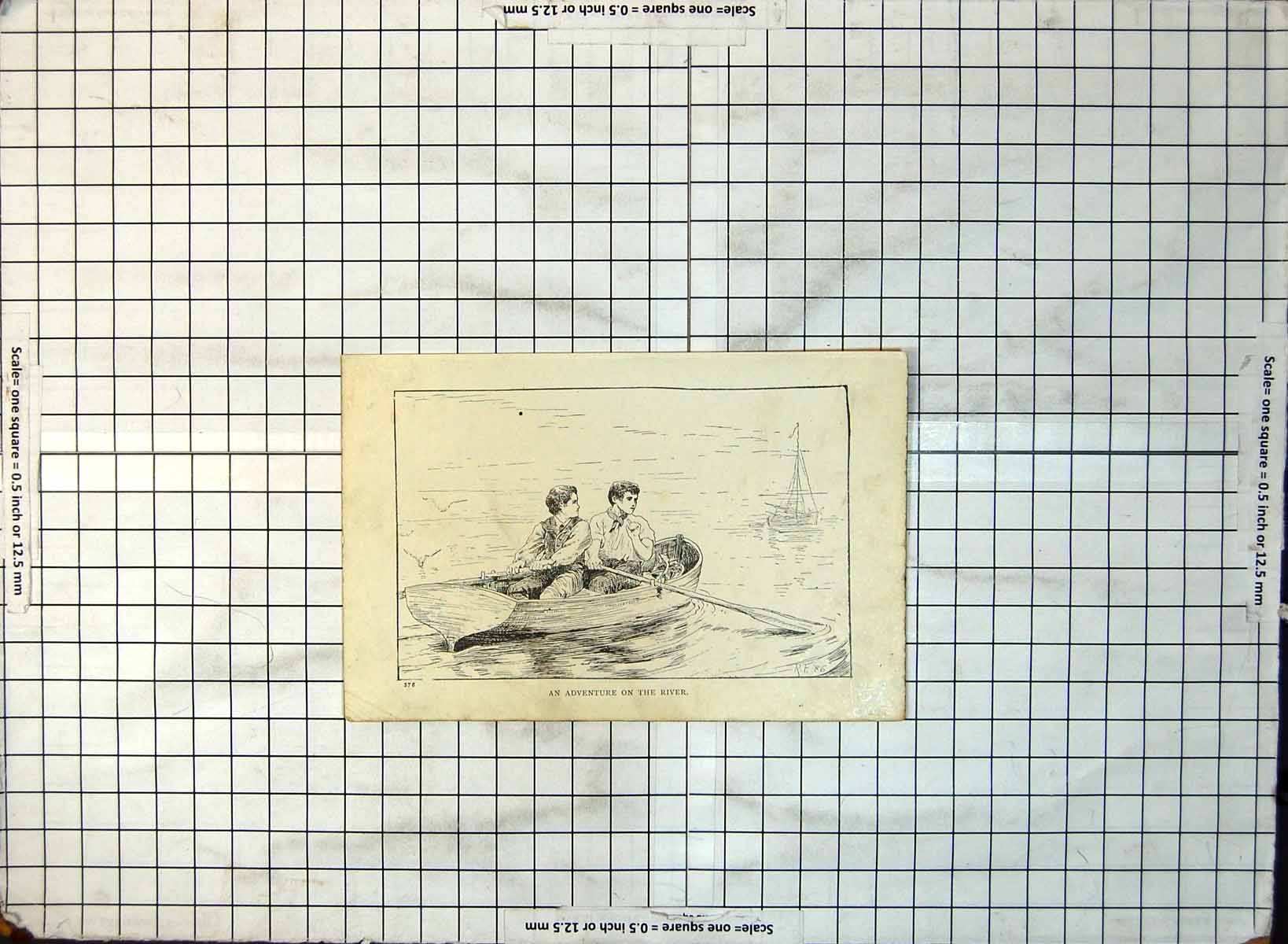 Old Adventure River Two Lads Rowing Boat Towards Sailing Boat C1902 137G 20th