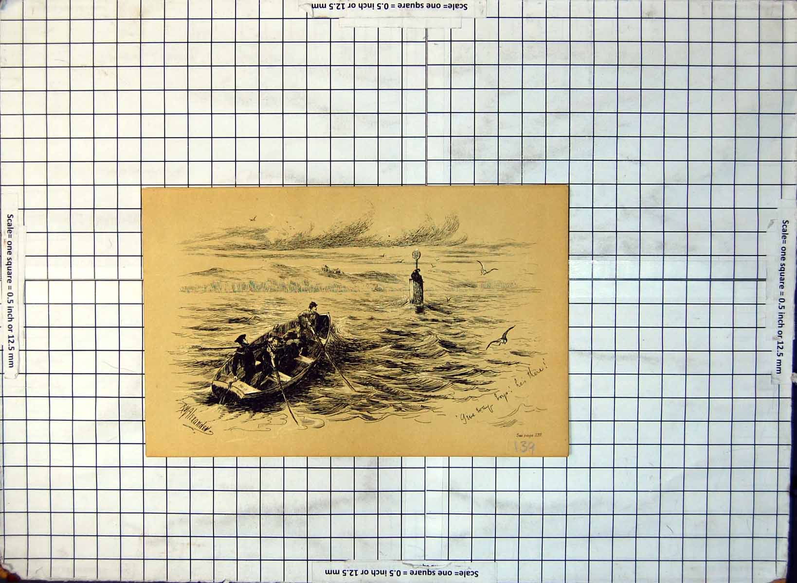 Old Sailors Rowing Towards Stone Sea Marker To Rescue Man Atop 1884 139G 19th